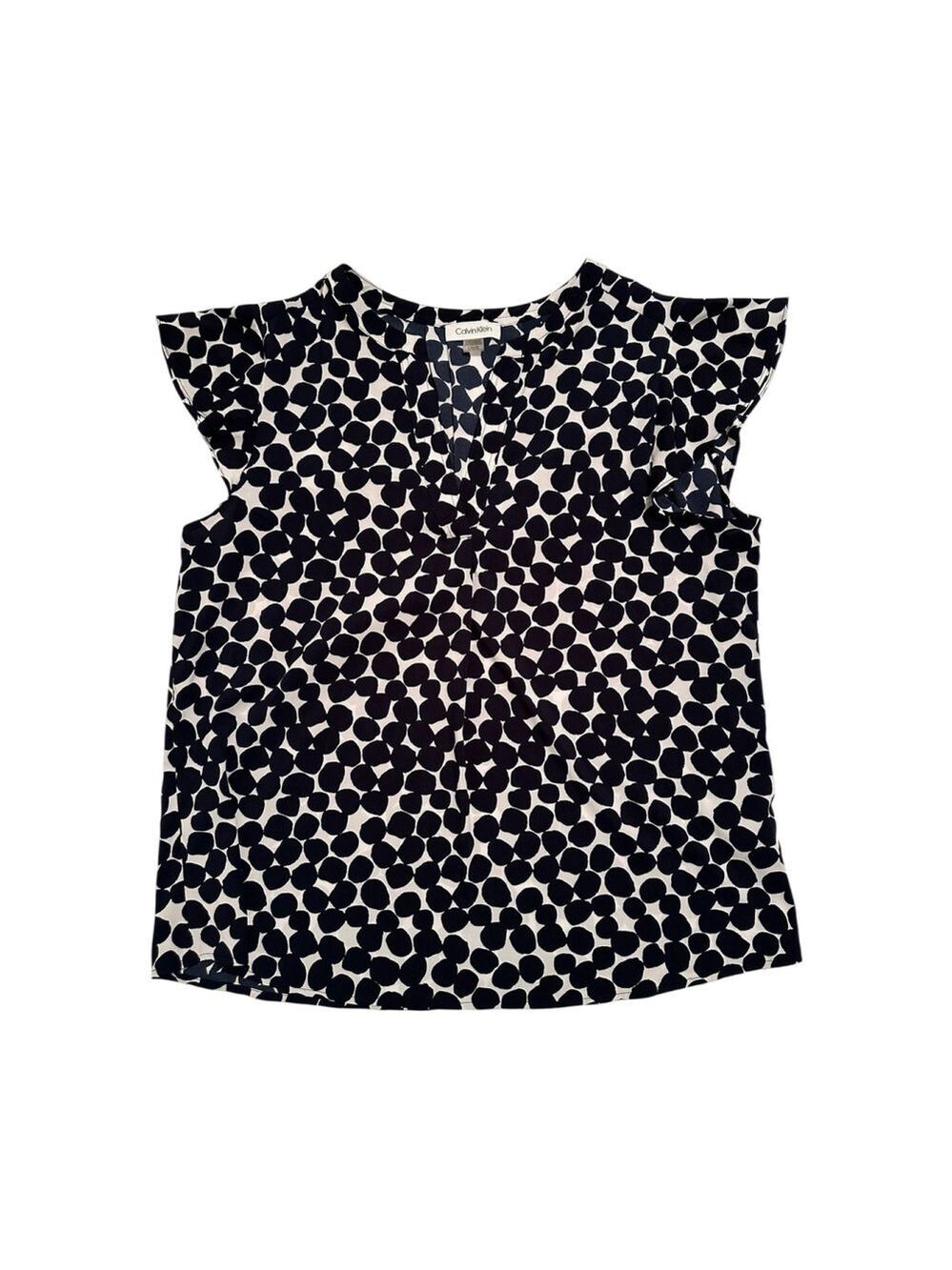 Calvin Klein Chic Career Blouse Womens L Blue & White Dots Short Flutter Sleeves - Picture 8 of 16